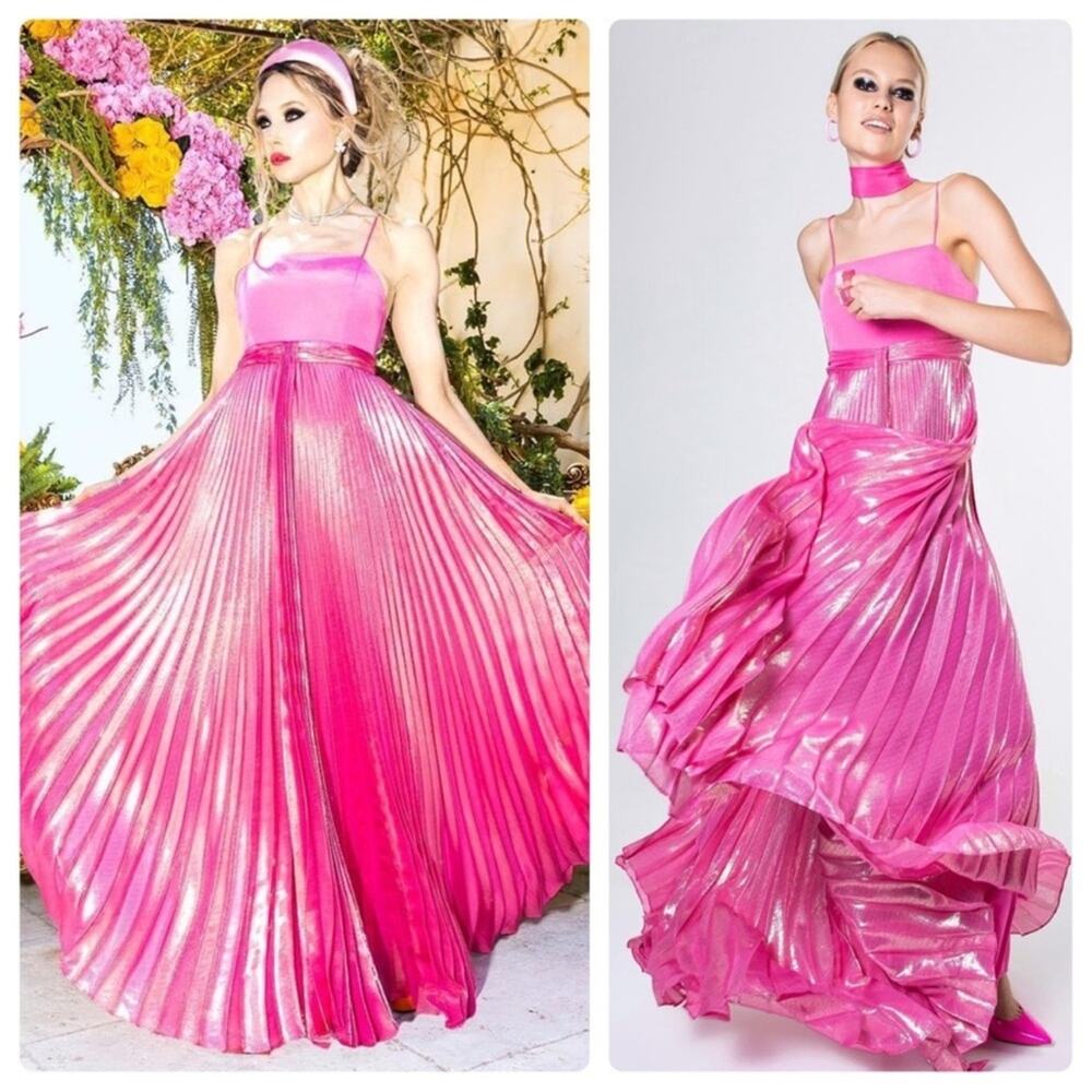 ALICE + OLIVIA Despina Pleated Metallic Silk French Rose Pink Maxi Dress Size 10